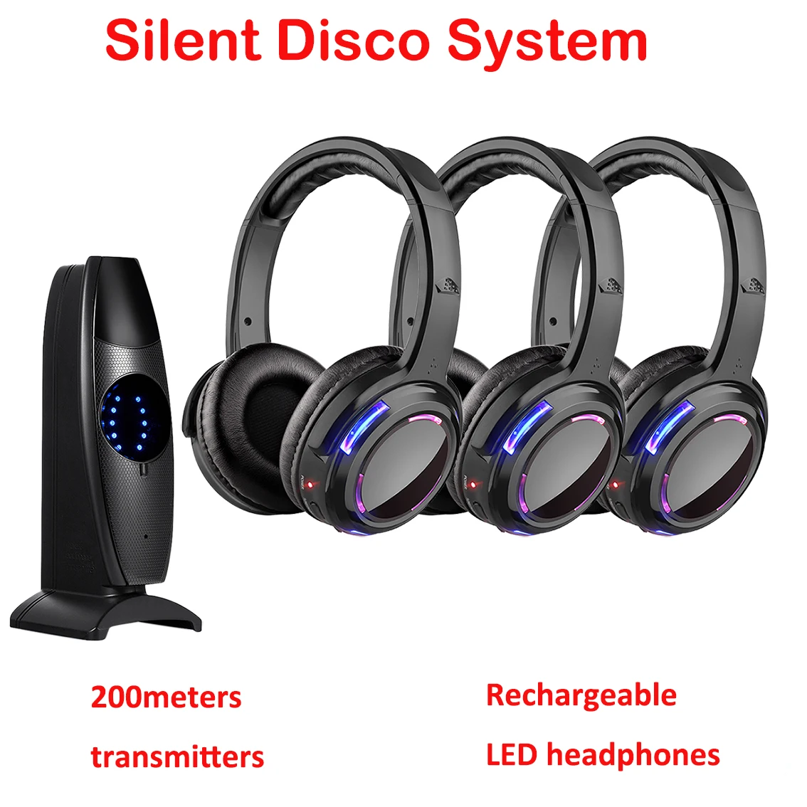 HD Sound Silent Disco Headphones Compete System Led Flashing Light Rechargeable Headphone with 200m Distance Transmitter