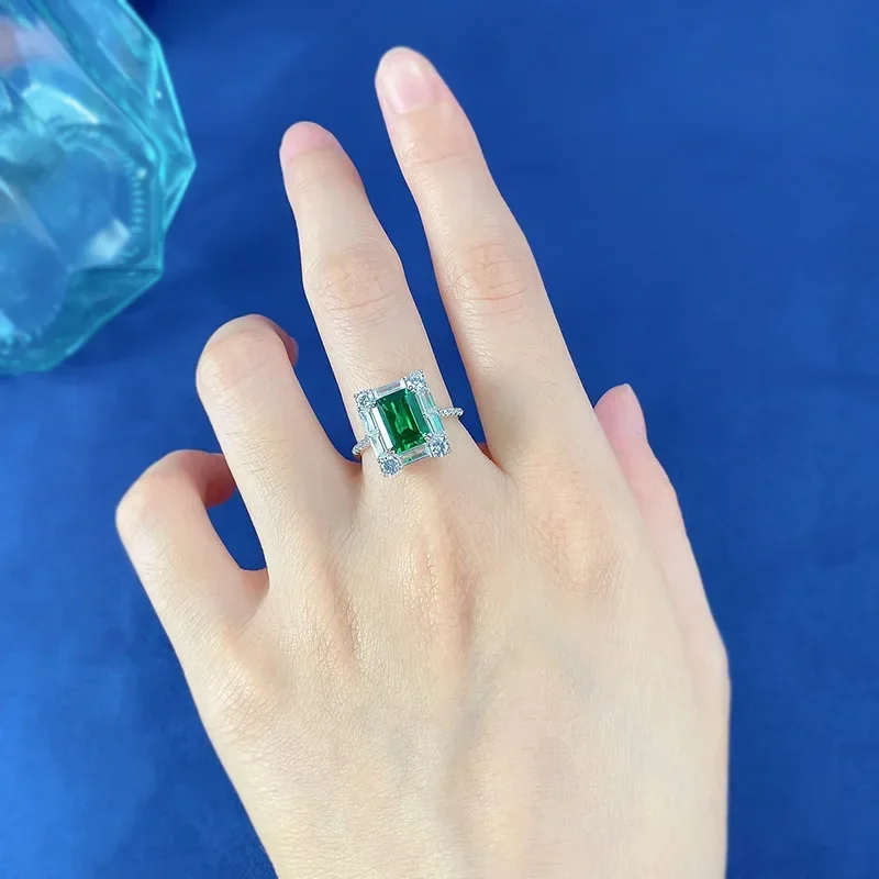 

SpringQiaoer 925 Solid Silver 7*9mm Emerald Rings for Women Lab Diamond Gemstone Wedding Ring Cocktail Party Fine Jewelry Gift