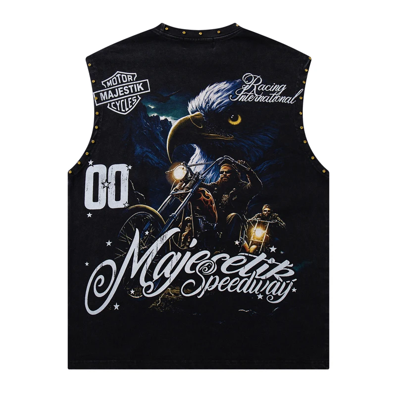 American Hip-hop Style Casual Round Neck Majestik Vest Tops Rivet Decoration Bald Eagle Motorcycle Print Retro T-shirt