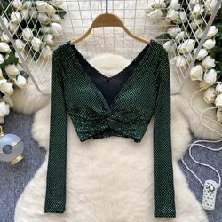 Vintage V-neck Elegant Sequin Chic Long Sleeve Slim Pleated Crop Top Women Korean Fashion Streetwear High Street Autumn Blouse