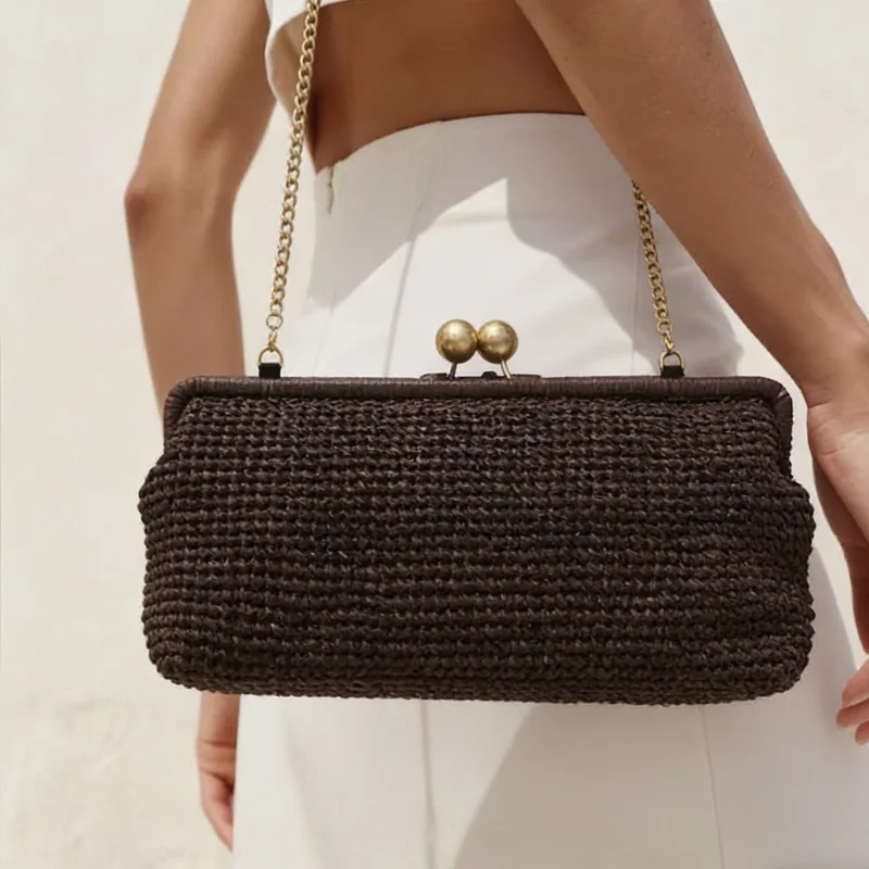 

Woven Clip Bag Luxury Highend Handbag Chain Crossbody Bag Metal Buckle Banquet Bag Coffee EnvelopeBag Horizontal Long Clutch Bag