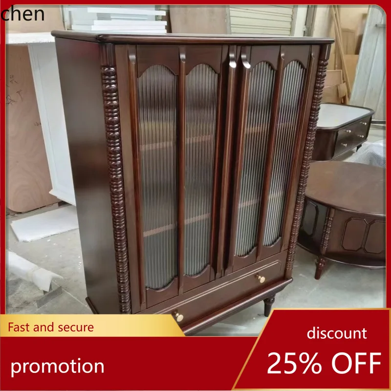 

HXL Vintage Style Pure Solid Wood Double Door Wine Cabinet Living Room Tea Water Household Functional Storage Cabinet