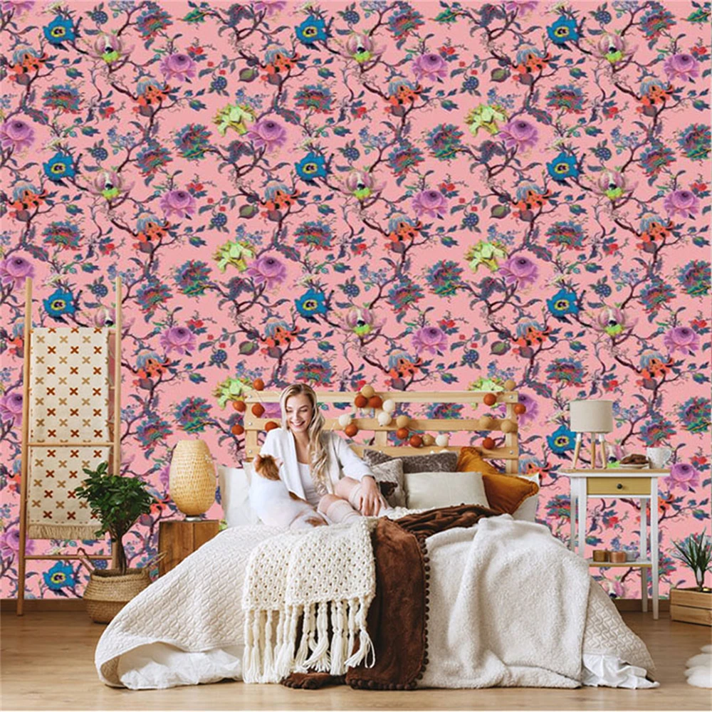 Custom American country pastoral wall papers sofa background pink flower bird mural wallpaper living room decoration wall cloth