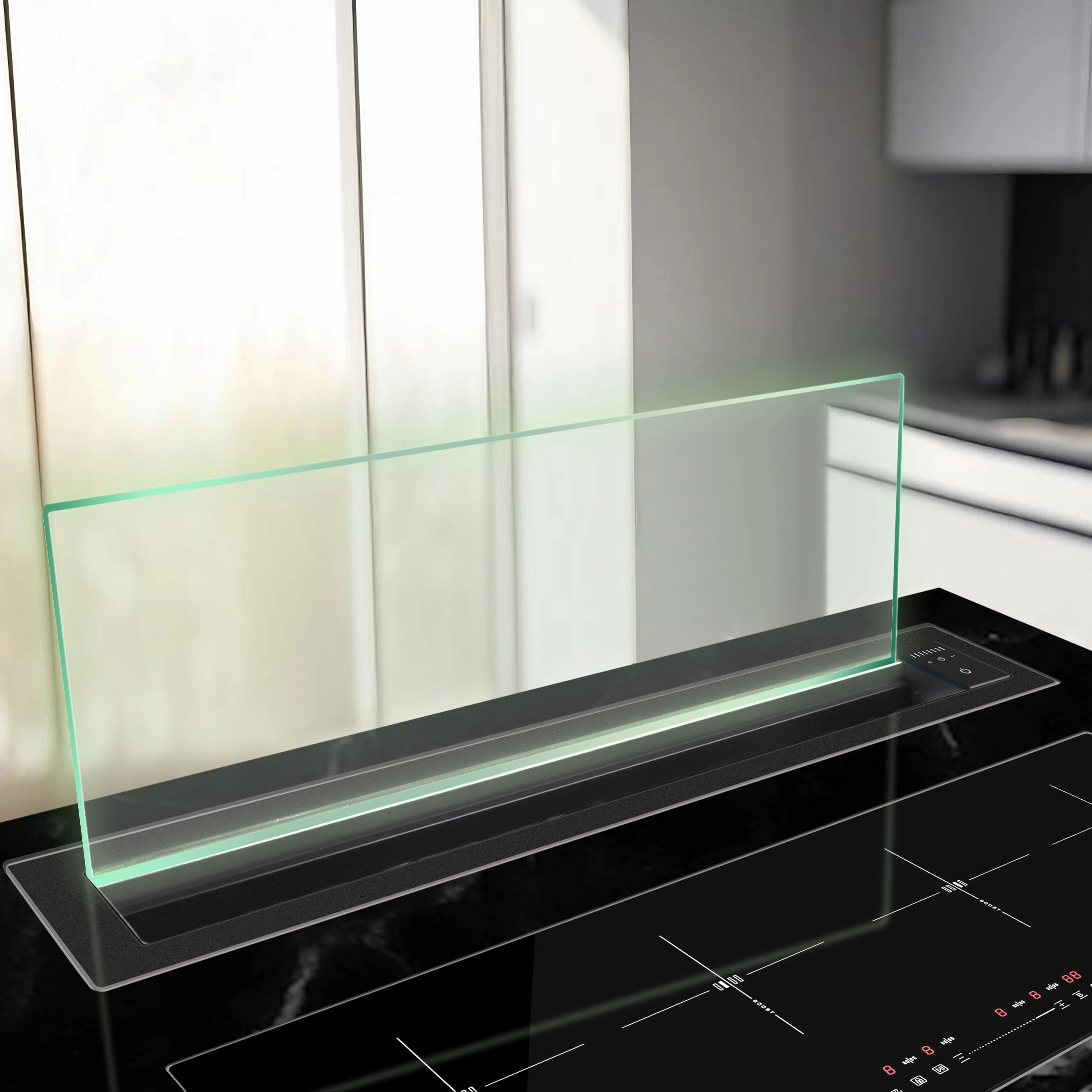 2025 newly designed ultra-thin line glass facing down, suction and exhaust hood island ventilation, downward air
