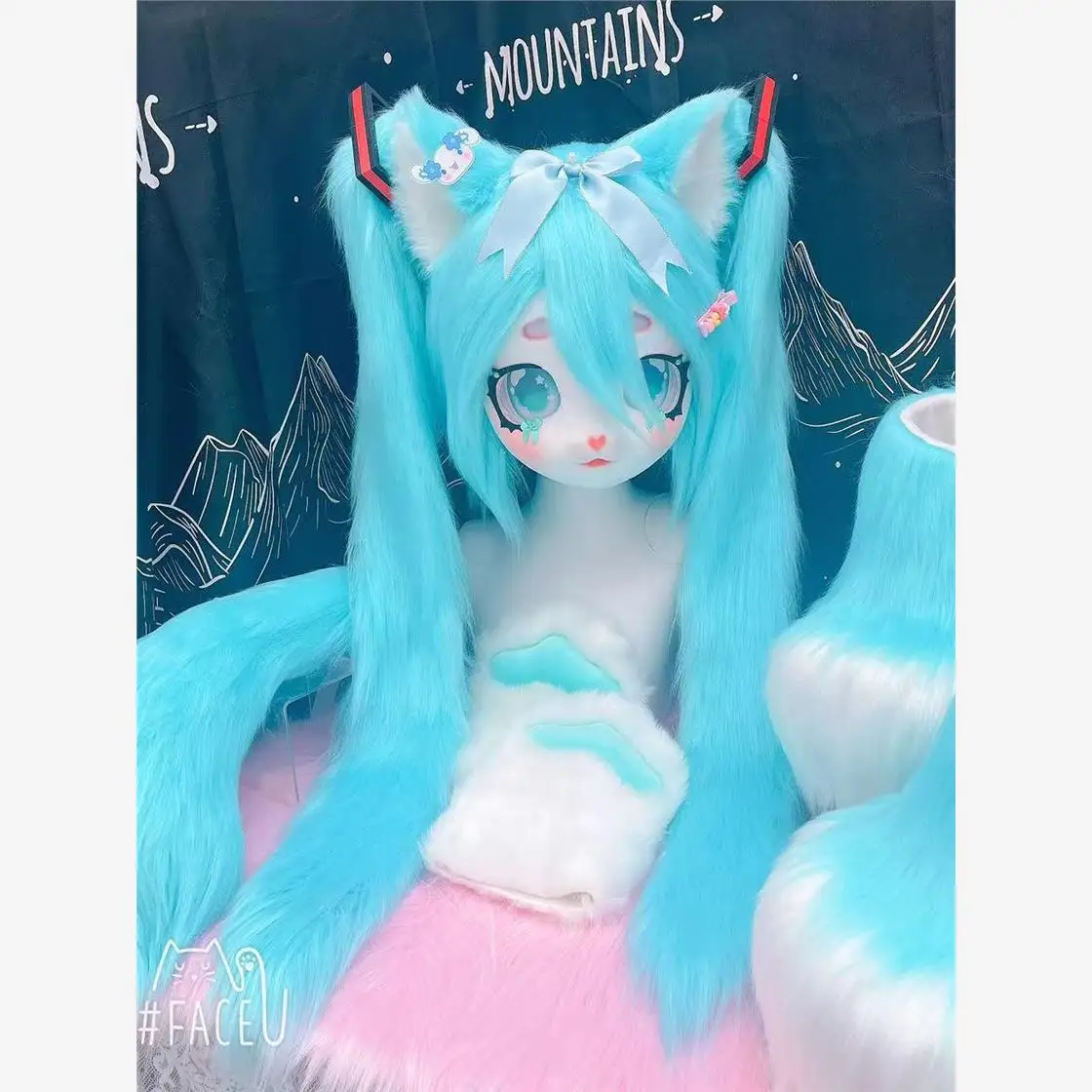 키즈 애니메이션 Fursuit Kigurumi 모피 코스프레 의상 파란 머리 머리 발 꼬리 신발 Comiket Furries 인형 Kig 마스크 5 ~ 18 세 선물