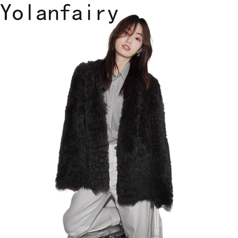 

YOLANFAIRY Natural Lamb Fur Coat Women Fashion Genuine Sheep Shearling Jacket Fashion V-neck Real Curly Fur Coats Korean Winter