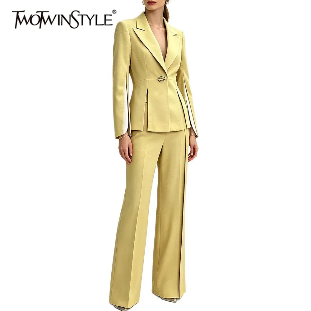 TWOTWINSTYLE Button Spliced Pleat Slimming Two Piece Sets for Women Lapel Collar Long Sleeve Coat High Waist Pants Sets Female