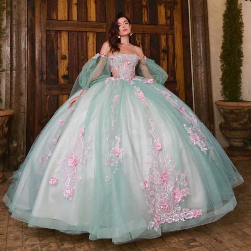 

Light Green Ball Gown Quinceanera Dresses Off The Shoulder Sequin Applique Flower Beads Bow Tull Party Birthday Sweet 16 Dress