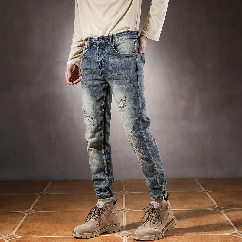 Spring/Summer New Men's Trendy Brand European and American Ripped Patch Retro Slim Fit Pants Skinny Jeans Men