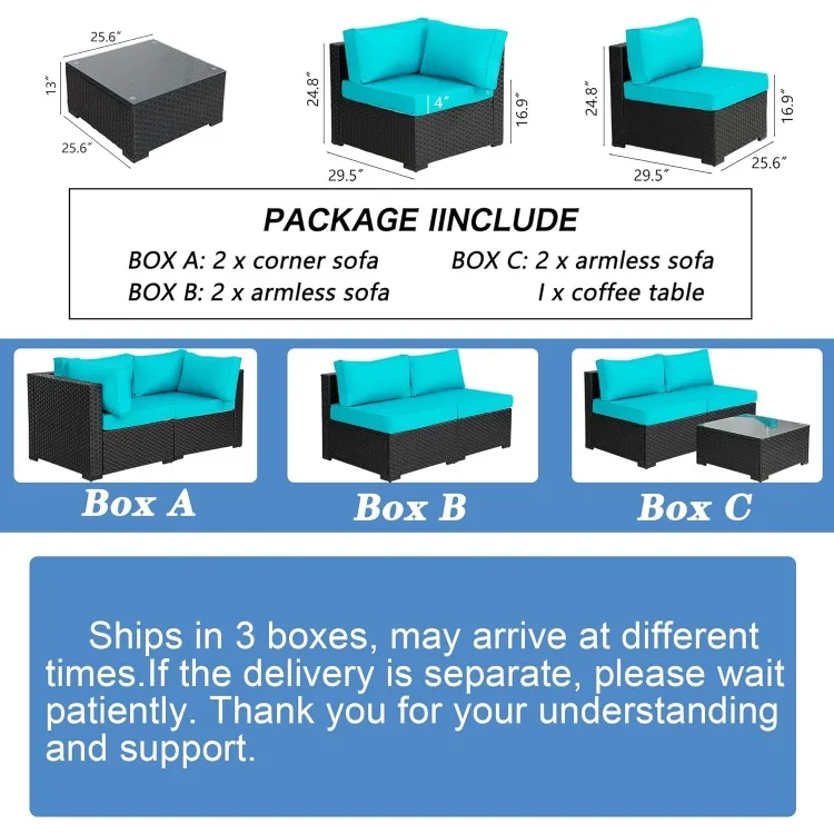 Sofa Sofa teras luar ruangan, 7 buah, set percakapan furnitur anyaman PE hitam dengan bantal yang dapat dicuci & kaca kopi