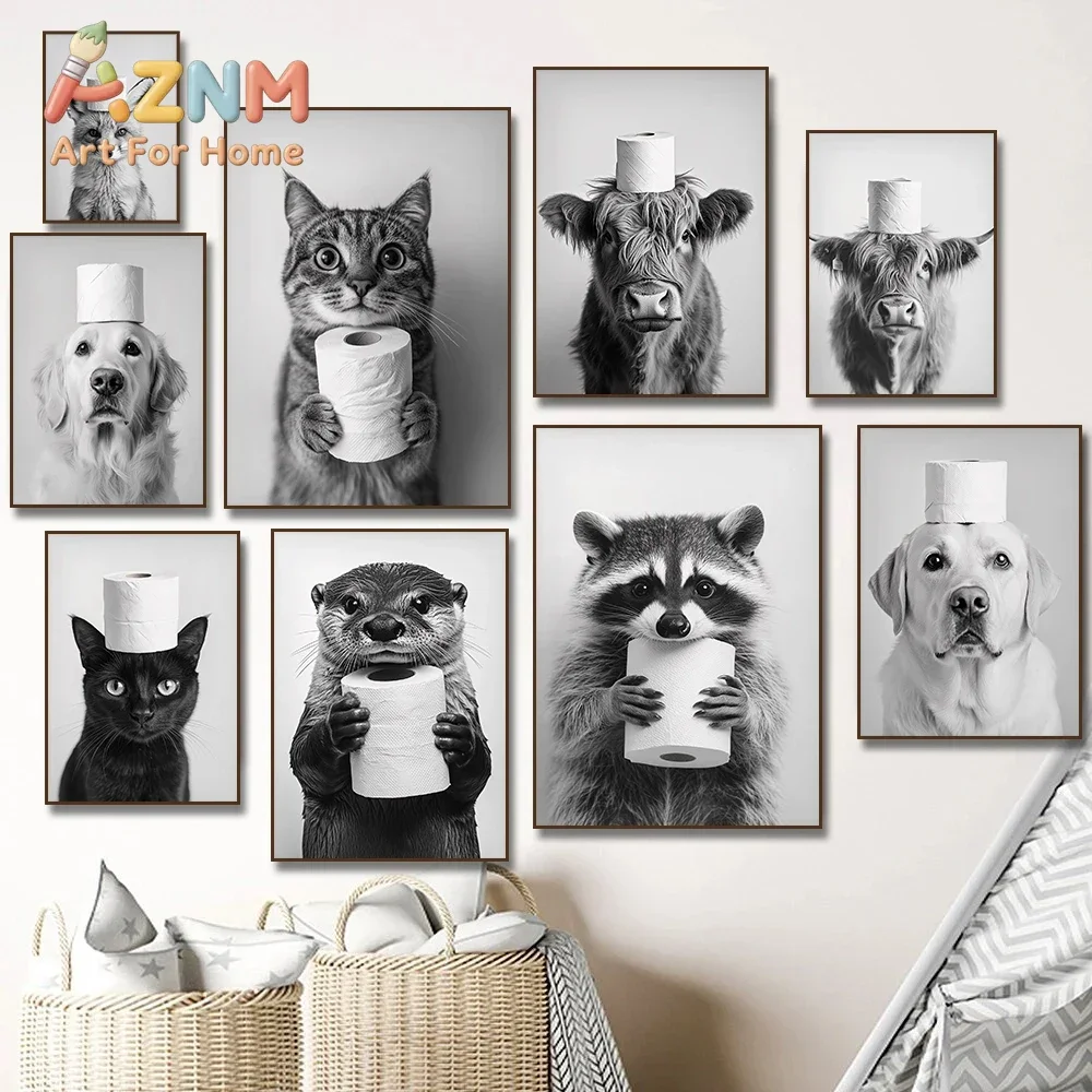Highland Cow Otter Cat  Raccoon with Toilet Paper Poster Print Canvas Painting Bathroom Wall Art Funny Toilet Humor Home Deco