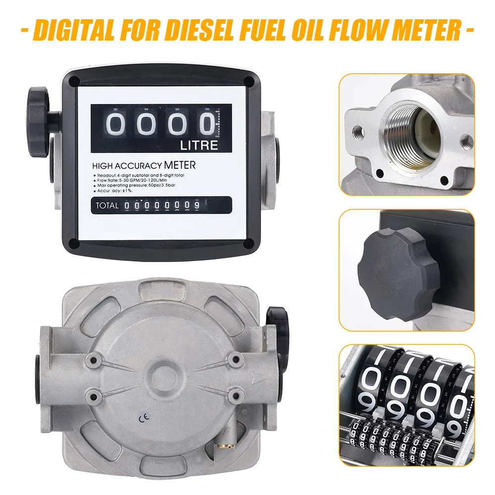 4 Digit Portable Liquid Fuel Flow Meter 20-120L/min 1in BSPT NPT ±1% Precision Zero Reset for Farm Fleet Fuel Dispensing