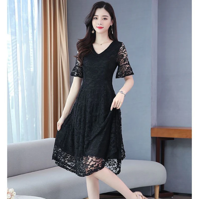 Elegant V-Neck Spliced Solid Color Flare Sleeve Prom Dress Women's Clothing 2024 Summer New Loose Office Lady Lace Dresses