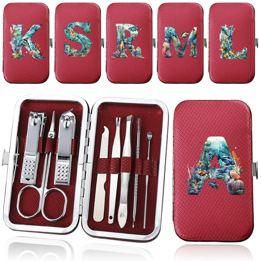 

8Pcs Portable Manicure Nail Scissors Set Organize Nail Clippers Pocket Pedicure Kit Box Multifunctional Tool Fish Letter Pattern