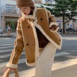 Deerskin-Lambswool Suede Jacket for Women, Winter Overcoat, Warm Parker Coat, Fur, Cotton-Padded, Short, One-Piece, New