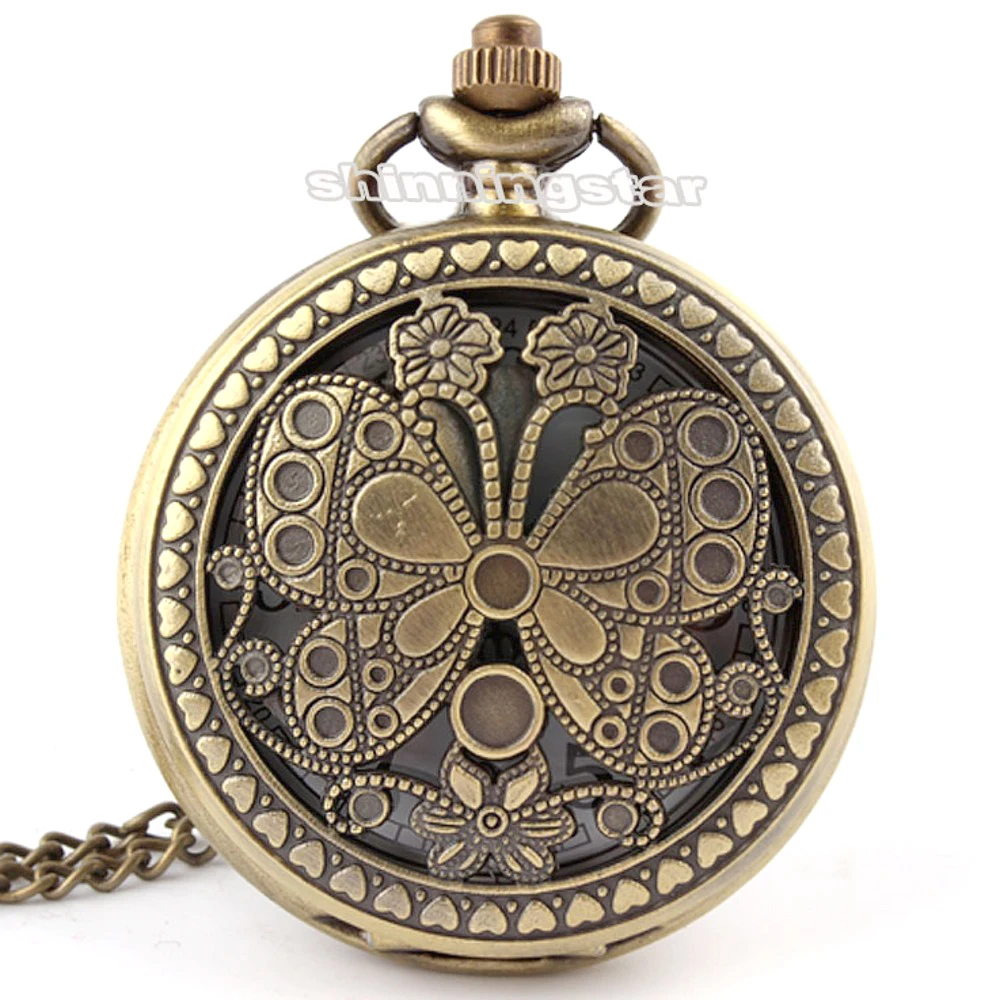 Drop Shipping Vintage Quartz Pocket Watches Bronze Butterfly Carving Fashion Unisex Pocket Fob Watch with Chains Unique Gifts