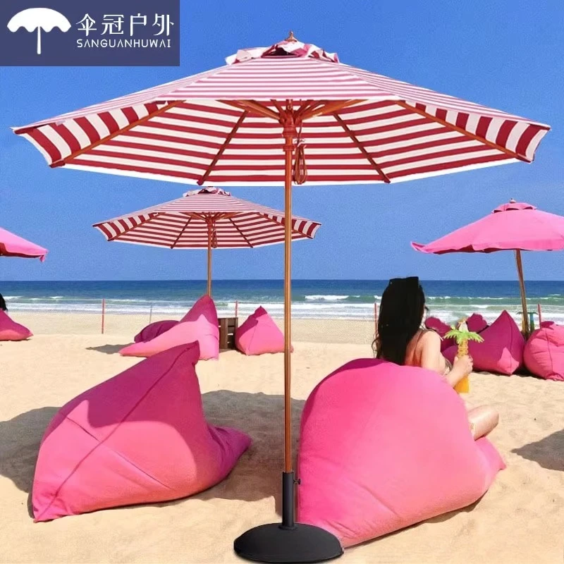 & Double Layer Striped Fringe Beach Parasol Center Pole Outdoor Umbrella