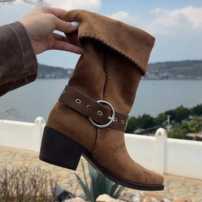 الأحذية النسائية الجلد المدبوغ حذاء من الجلد أشار تو أحذية بكعب مصمم شتاء جديد فارس المصارع مضخات أنيقة Mujer بوتاس #5