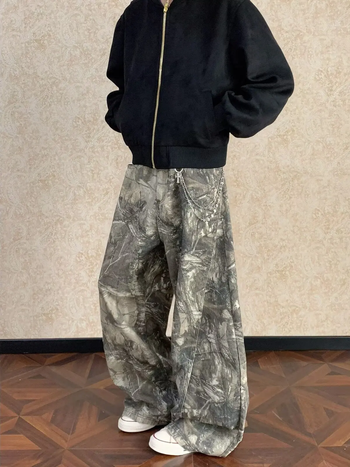 Trendy Camouflage Workwear Jeans Men's Loose Wide Leg Casual Trousers Color Block Design Slimming Loose Fit Long Pants