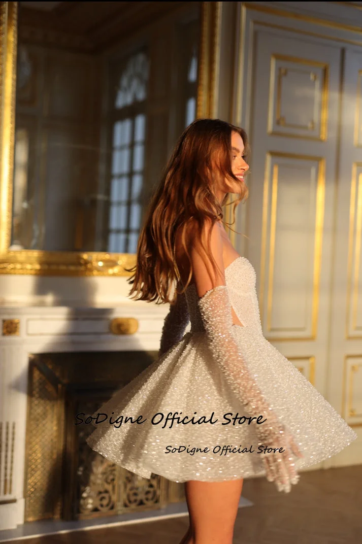 SoDigne A-Line Glitter ชุดแต่งงานสั้น Sweetheart ชุดเจ้าสาวไม่มีถุงมือชุดแต่งงาน Robe De Mairee ﻿ ปรับแต่งได้ ﻿