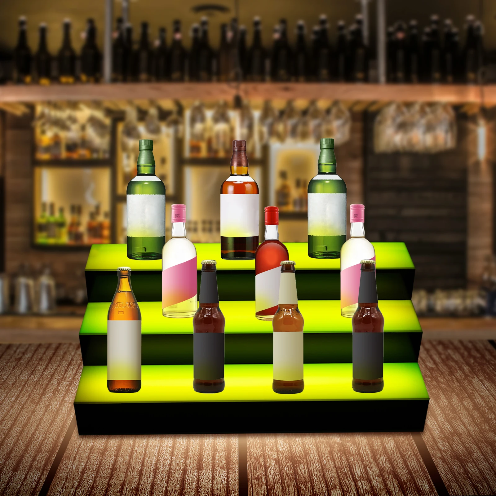 24inch 3 Step Tier LED Lighted Back Bar Glowing Liquor Bottle Display Rack Black