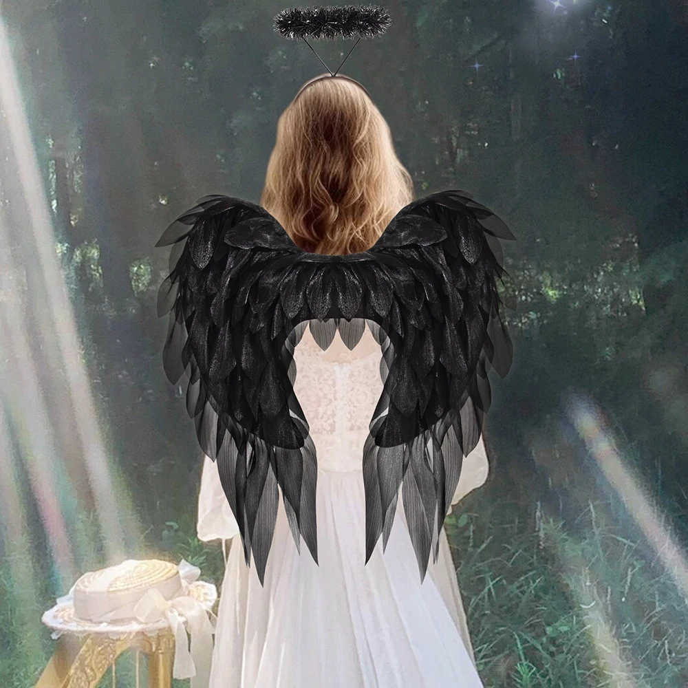 محاكاة الملاك الجناح أبيض/أسود ريشة تأثيري الدعائم عقال حفلة تنكرية زي أجنحة الجنية هيرباند الزخرفية