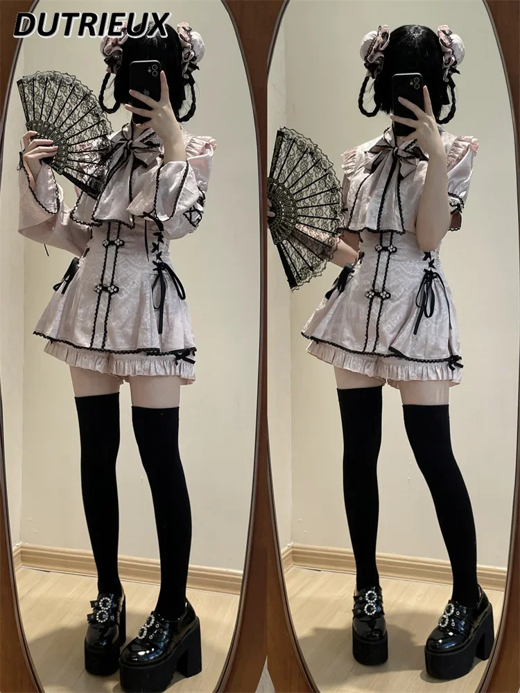 Mine System Mass-Produced Lace-up Short Sleeve Robe Chinese Style Dress and Base Shorts 2 Piece Sets Sweet Womens Outfits