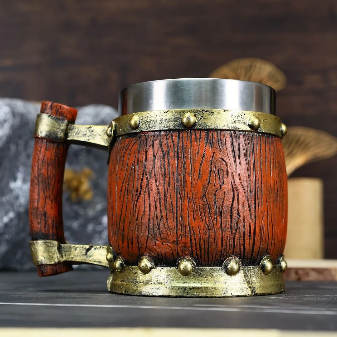 Wood Barrel Viking Beer Mug with Rivet  Resin Stainless Steel Tankard Coffee Wine Cup  Bar Decoration Men's Party Gift