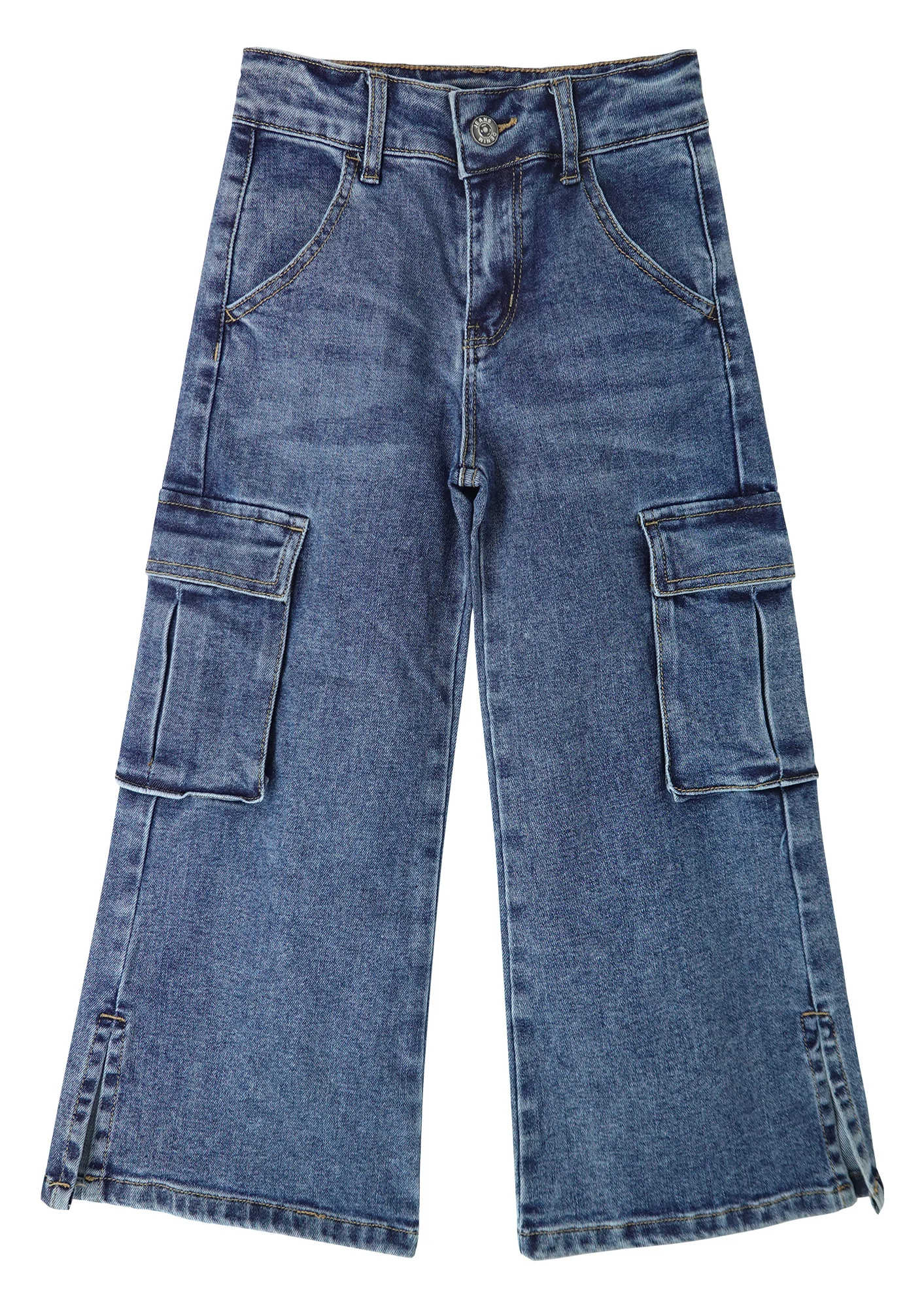 

KIDSCOOL SPACE Girls' Cargo Jeans with Flap Pocket, Wide Leg and Split Hem Boyfriend Denim Pants