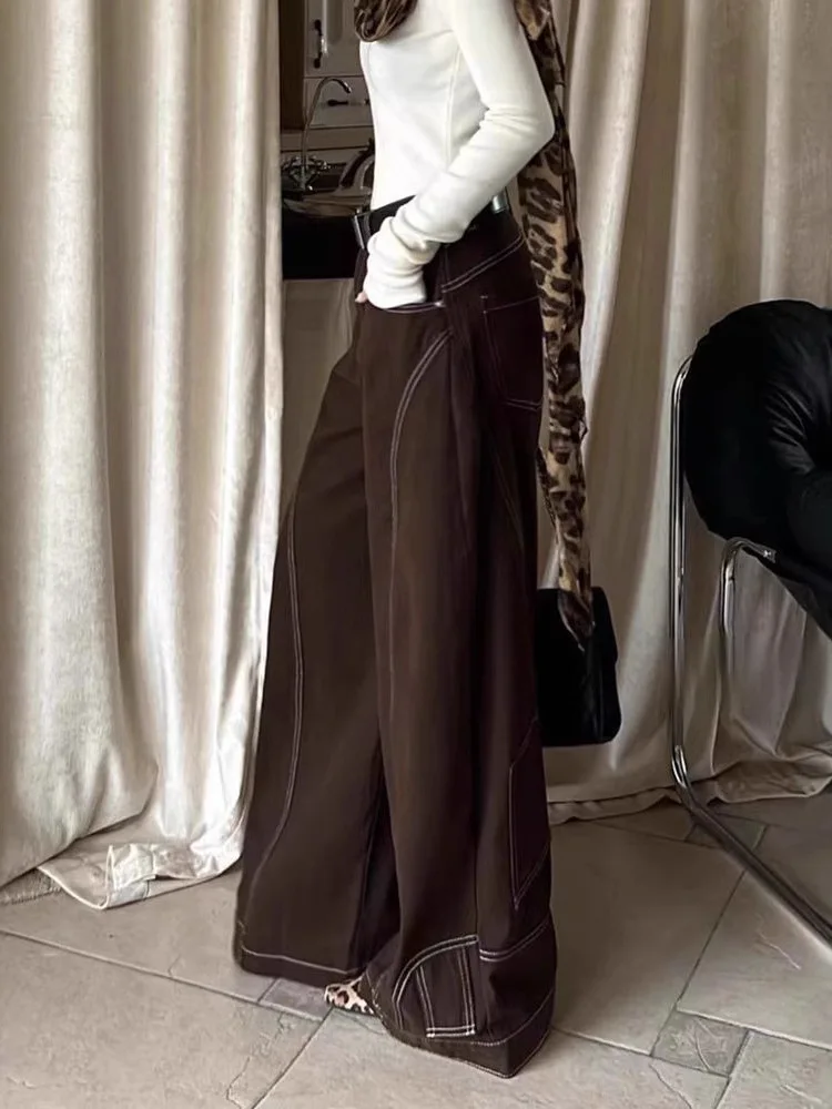 Jeans americani con design a linea marrone retrò Street Hip Hop Pantaloni a gamba larga a gamba dritta Pantaloni lunghi larghi a vita alta da donna