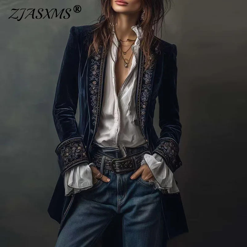 

Винтажное бархатное женское пальто с этническим цветочным принтом, осеннее шикарное тонкое пальто с воротником-стойкой, кардиган, зимняя женская верхняя одежда с длинными рукавами