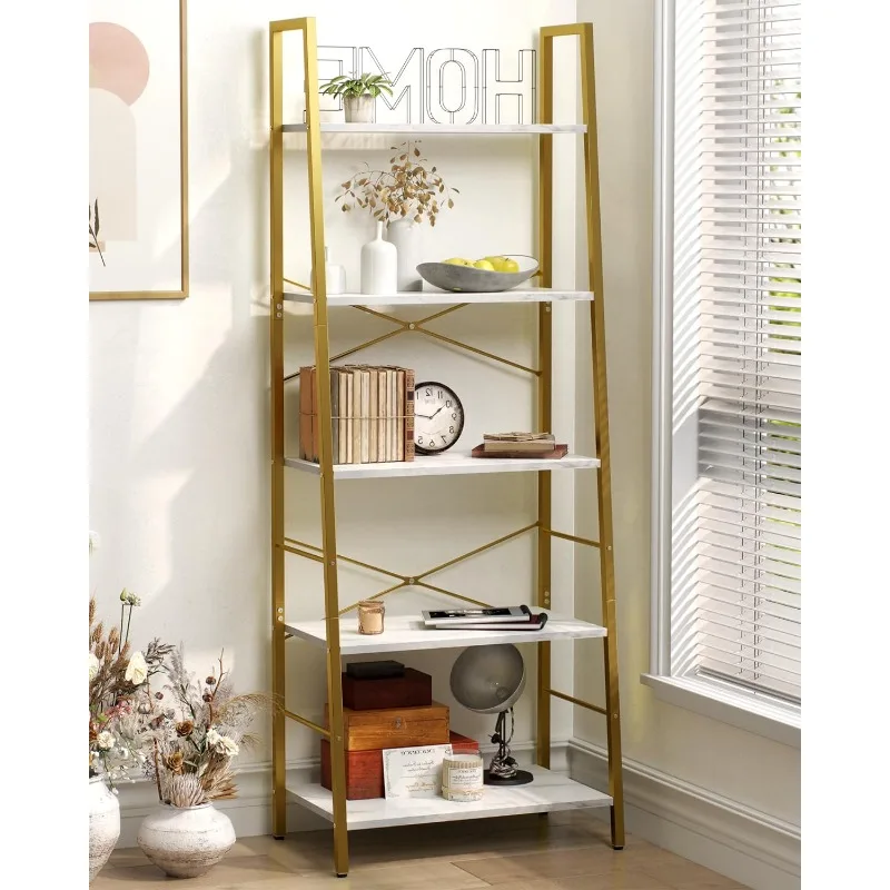 Ladder Shelf, 5-Tier Bookshelf Wood Bookcase for Living Room, Industrial Book Shelves, Tall Storage Display Rack Plant Stand