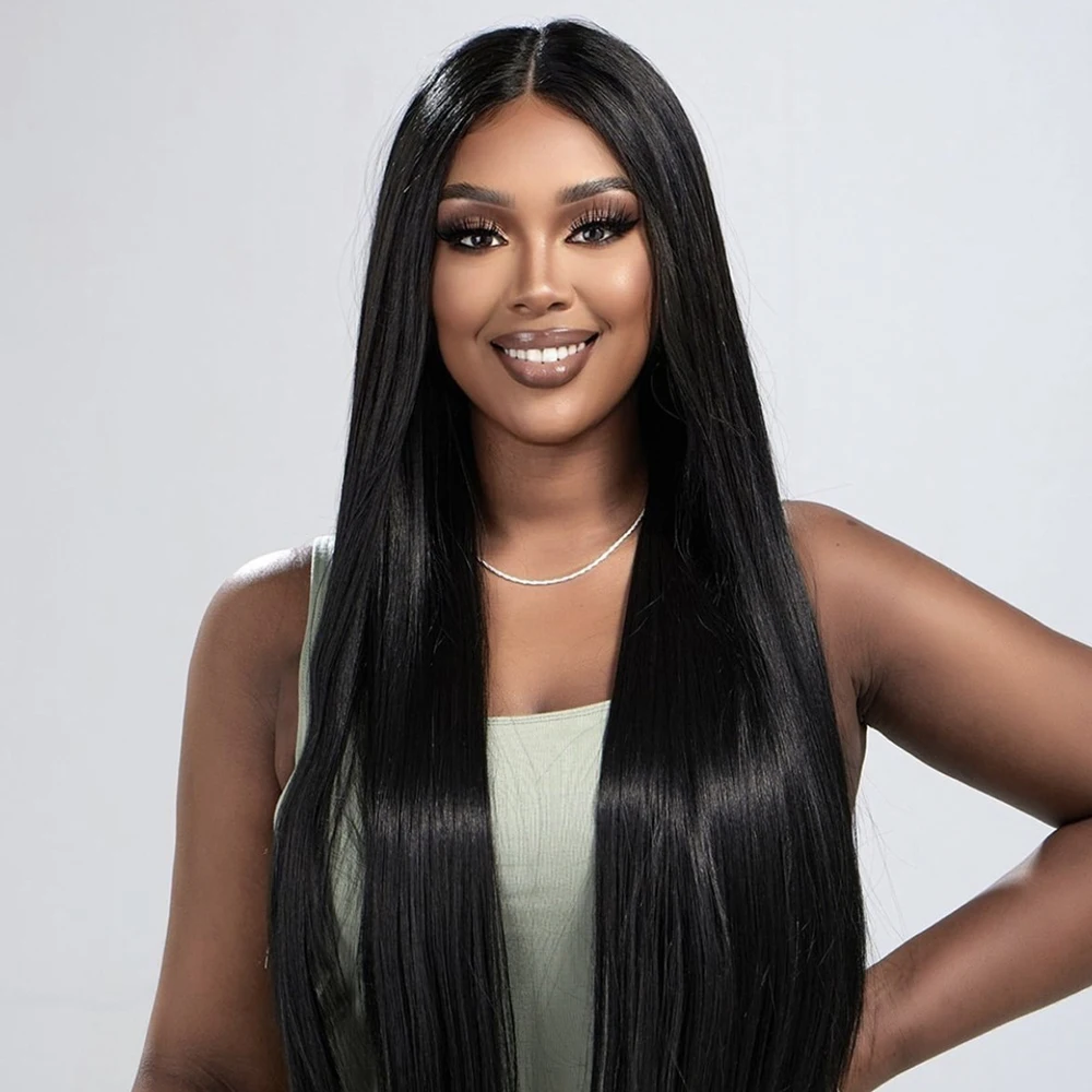 

46-дюймовый длинный прямой парик из человеческих волос 13x6 HD, кружевной фронтальный, плотность 200, бесклеевые, предварительно выщипанные, детские волосы, натуральные черные волосы девственницы