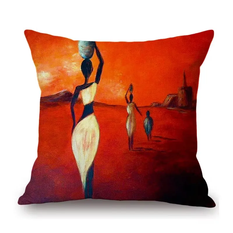 Orange Africa Abstract Oil Painting Art Home Decor Sofa Throw Pillow Cover African Life Impression Sunrise View Cushion Cover