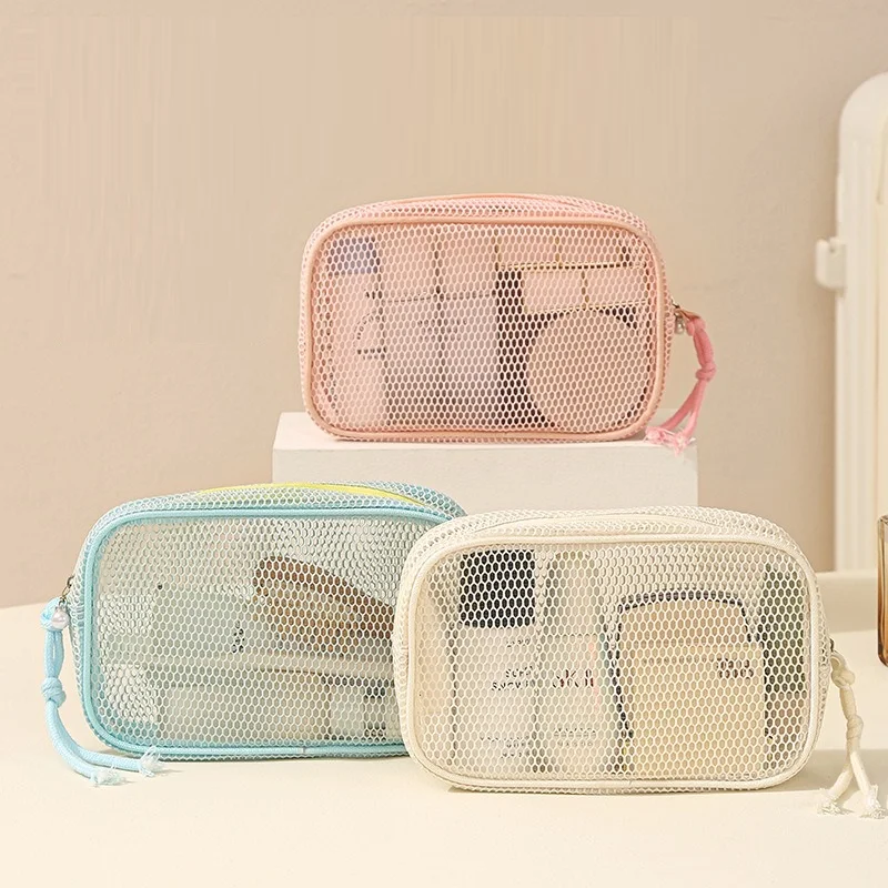 Casual Nylon Cosmetic Bag Hand-held With Zipper Mesh Makeup Bags Multipurpose Mesh Toiletry Wash Bags Women
