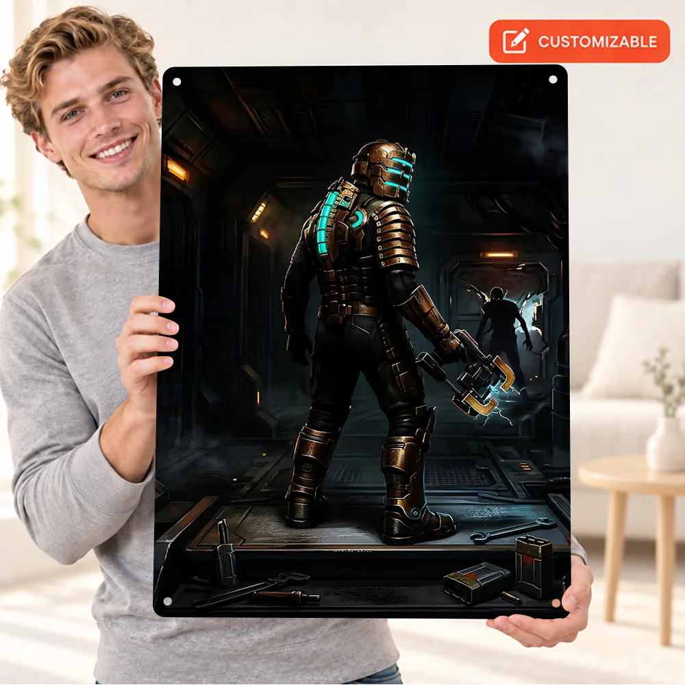 Isaac Clarke Facing Necromorph Threat Printed Poster Customized Aluminum Sign Spaceship Corridor Battle Wall Art For Game Lounge