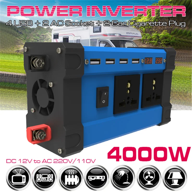 4000W Car Power Inverter Charger DC 12V To AC 220V/110V Sine Wave Converter Interfaces Voltage Transformer Adapter with 4 USB