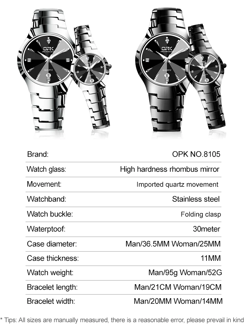 Часы для влюбленных OPK парные, водонепроницаемые наручные часы с ромбовидным зеркалом, алмазным календарем, из нержавеющей стали