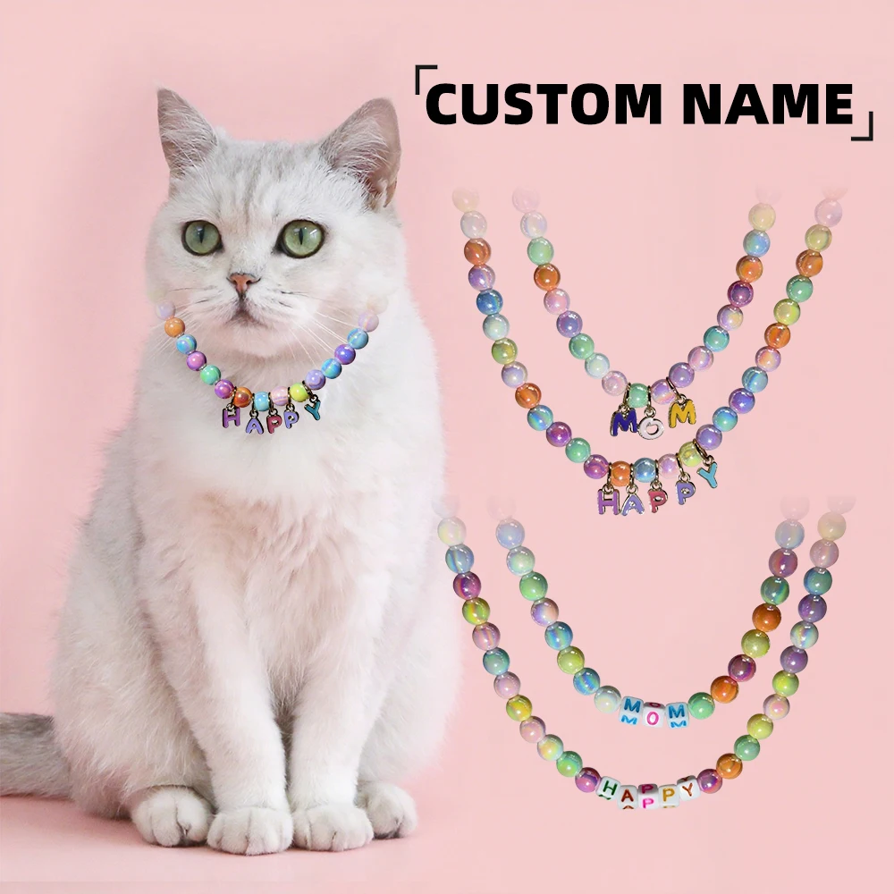 

Customizable Personalised Pet Cat Name Necklaces Collar with Colorful Plastic Beads - Elastic Rope Design for Small Dogs, Kitten
