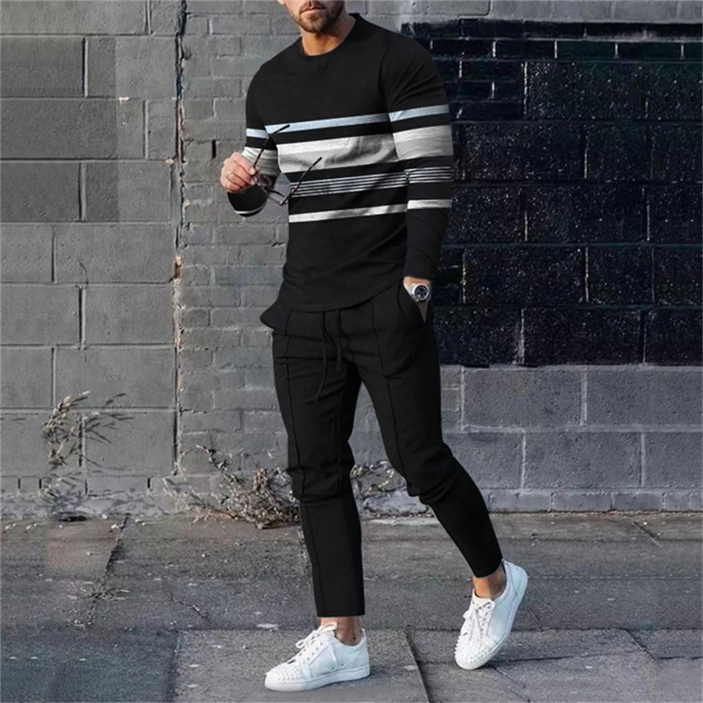 Summer Mens Tracksuit 2 Piece Sets Trend O-neck Long Sleeve T Shirt+Pants Oversized Loose Clothes Sports Style Man Clothing 2024