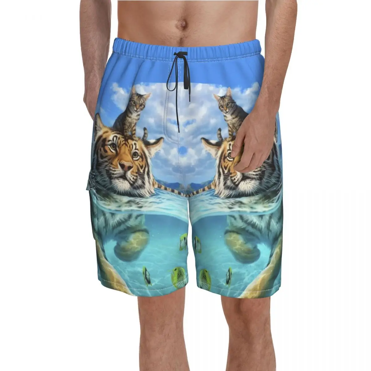 Tiger A Big Adventure Board Shorts Animal Beach Short Pants Elastic Waist Pattern Customs Swimming Trunks Big Size 2XL