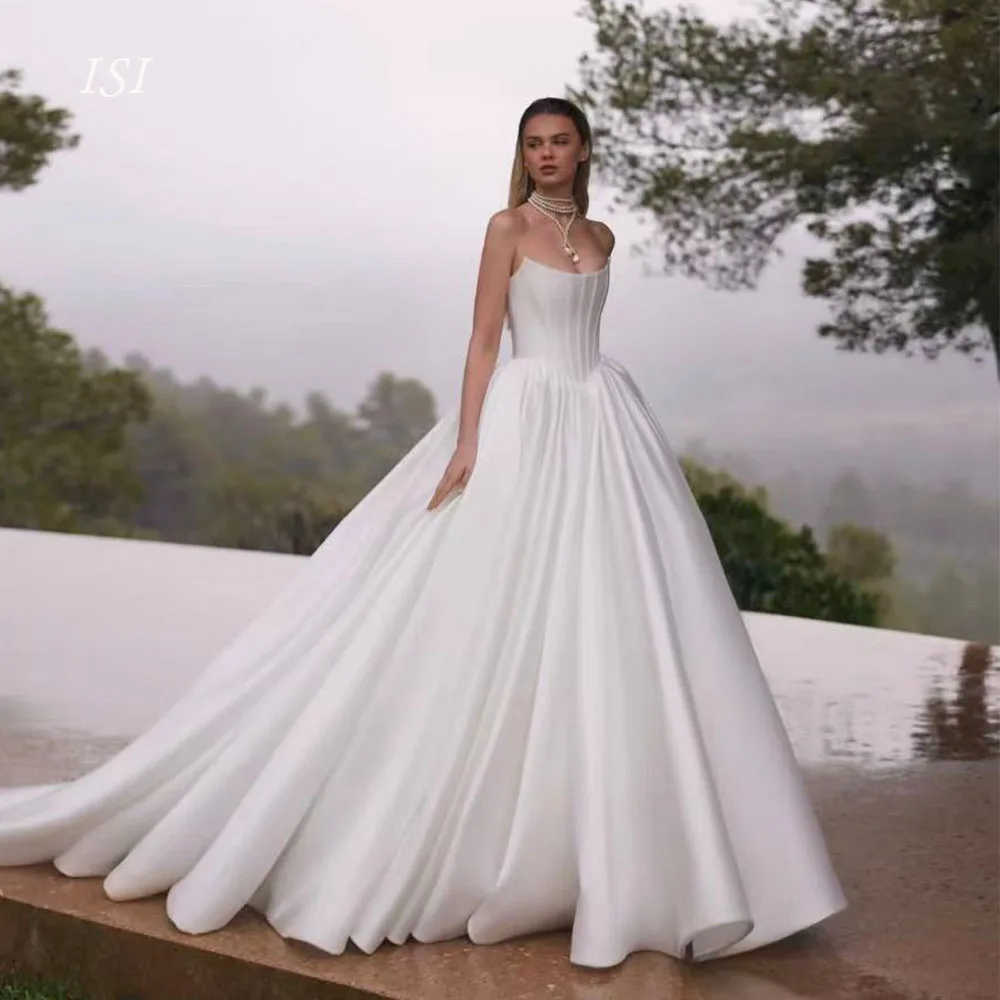 Vestido de Novia Moderno Personalizado ISI, Sencillo, Sin Tirantes, con Corsé en la Espalda, Cola Larga, Satén, Corte A, Vestido de Novia 2026