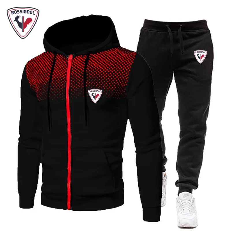 ROSSIGNOL popular men's two-piece sportswear set, running wear, sportswear, hoodie, zip-up sweatshirt, autumn and winter