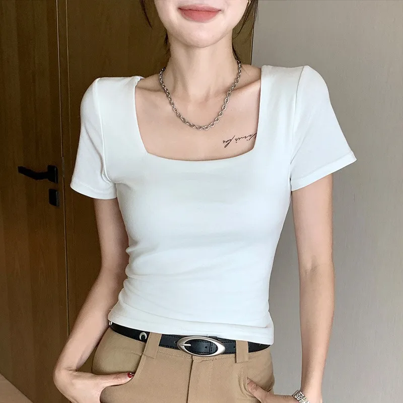 Women's Square Neck Short Sleeve T Shirt Spring Summer White Crop Top Cute Sexy Fit