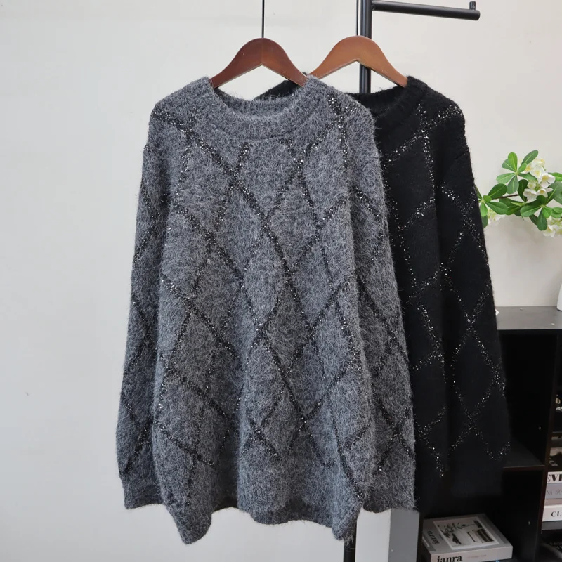 

Осень-зима, новый дизайн с блестками, свитер с круглым вырезом, пуловер в корейском стиле, свободный вязаный топ средней длины для женщин