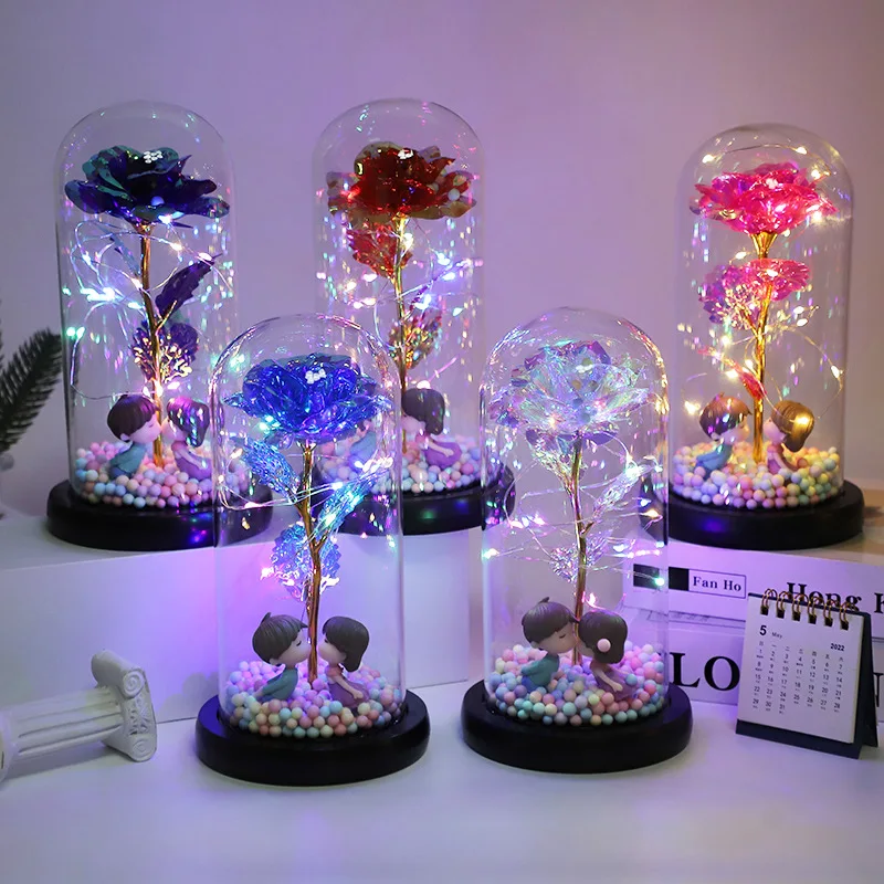 Everose Glass Cover Eternal Flowers Valentine's Day Women's Day Birthday Mother's Day Creative Gift Ornaments LED Dome