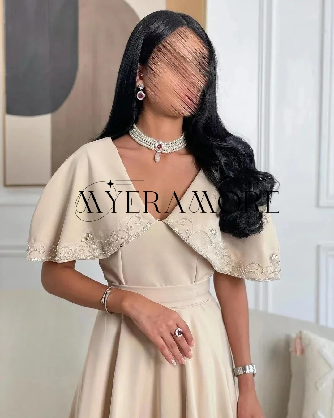 فساتين سهرة أنيقة على شكل حرف v على شكل حرف a مزينة بطيات بطول الكاحل فساتين لحضور الحفلات الموسيقية مخصصة من Fساتين Sheer