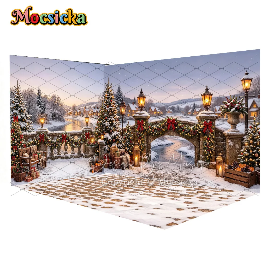 Mocsicka Christmas Village Corner Backdrop Photography Snowy Stone Bridge Lamp Pine Gift Background Kids Family Winter Photo