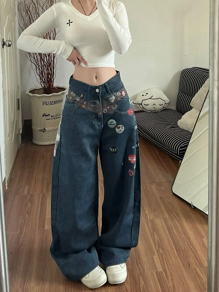 

2026 Spring Women Fun Print Jeans American Vintage Y2K Streetwear High Waist Wide Leg Extended Length Floor-Length Denim Pants