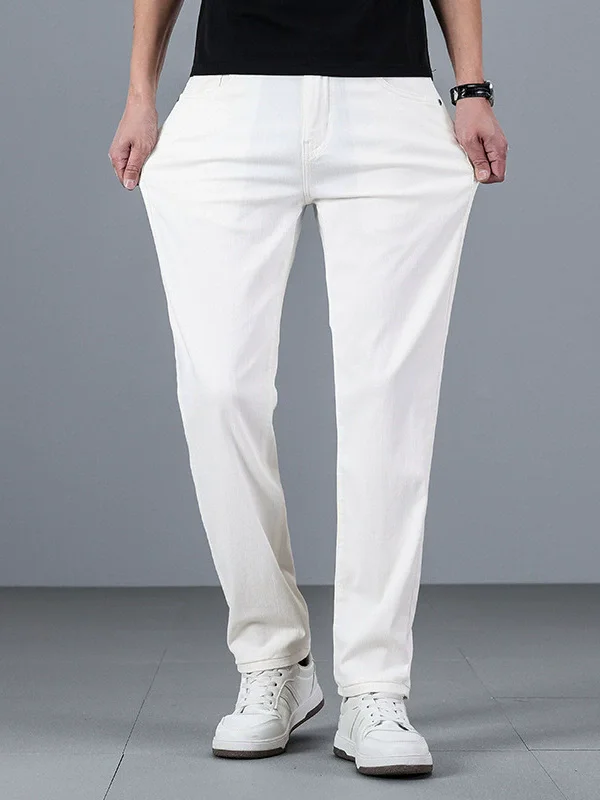 Summer Straight Fit Mens Jeans Casual Stretch Khaki Black 96% Cotton Trousers for Men White Denim Pants 2026